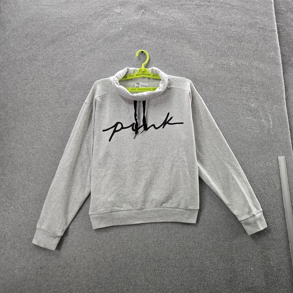 PINK Victoria's Secret‎ Women Hoodie M Gray Fleece Logo Cowl Neck Drawstring